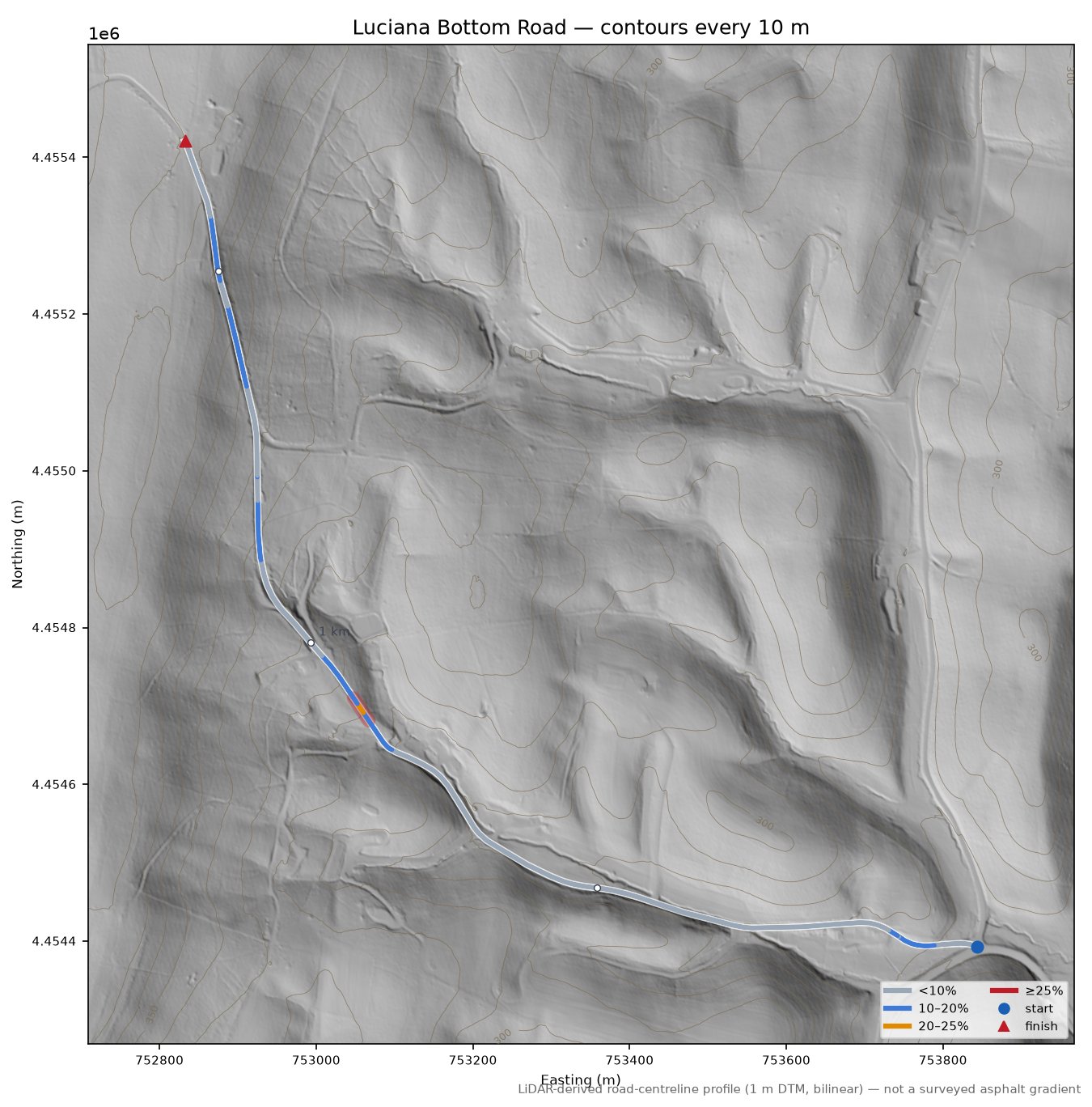 Luciana Bottom Road LiDAR hillshade map with contours