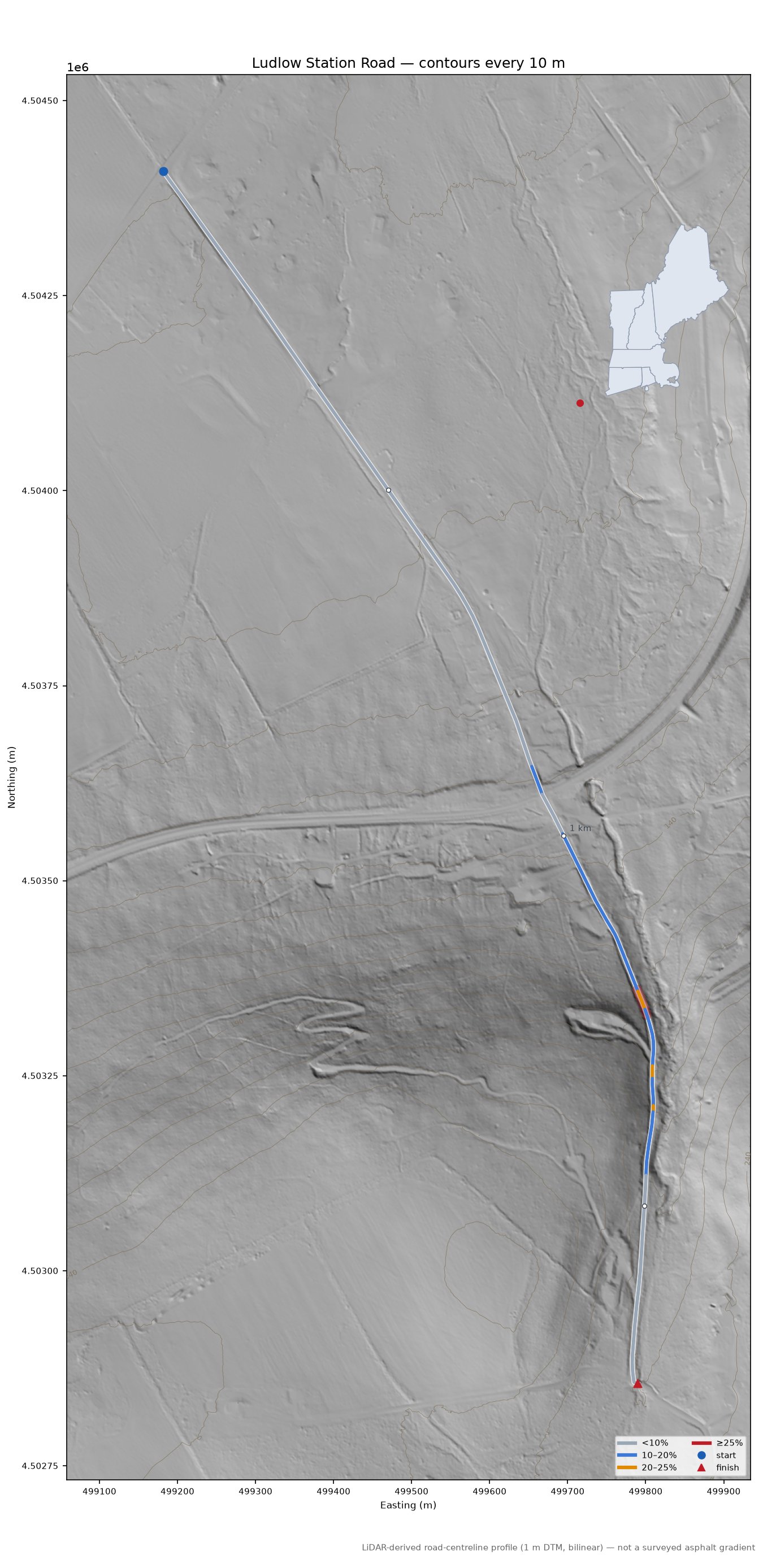 Ludlow Station Road LiDAR hillshade map with contours