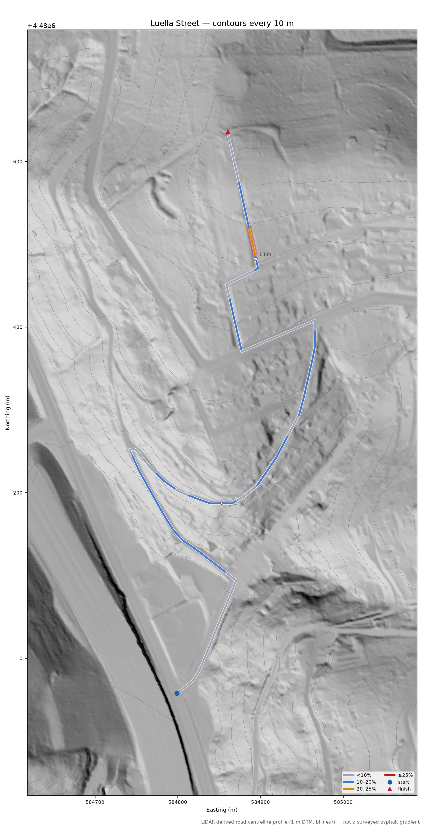Luella Street LiDAR hillshade map with contours