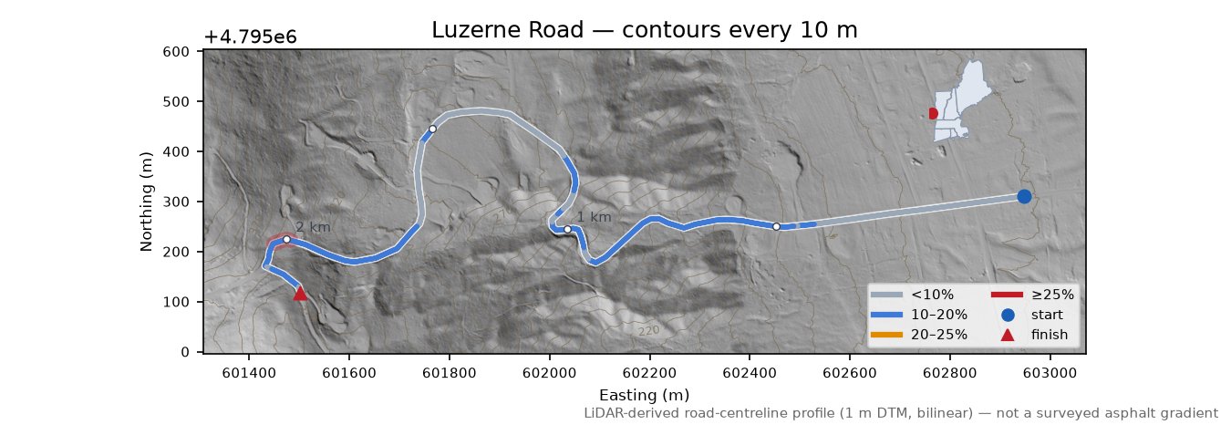 Luzerne Road LiDAR hillshade map with contours