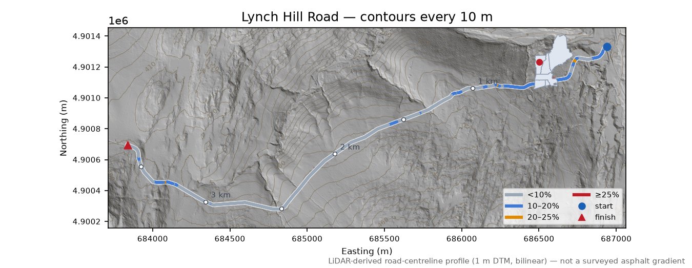 Lynch Hill Road LiDAR hillshade map with contours
