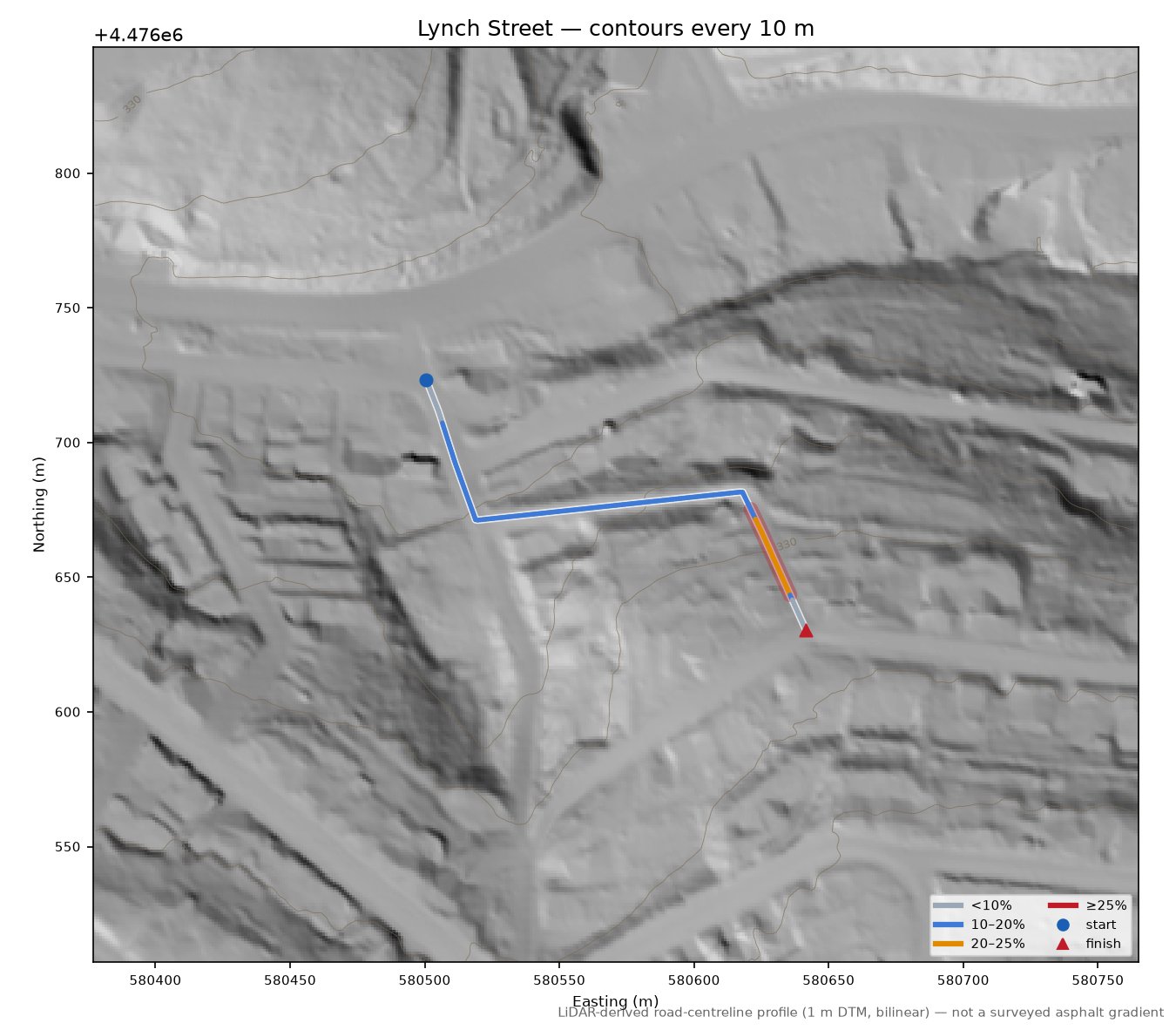Lynch Street LiDAR hillshade map with contours