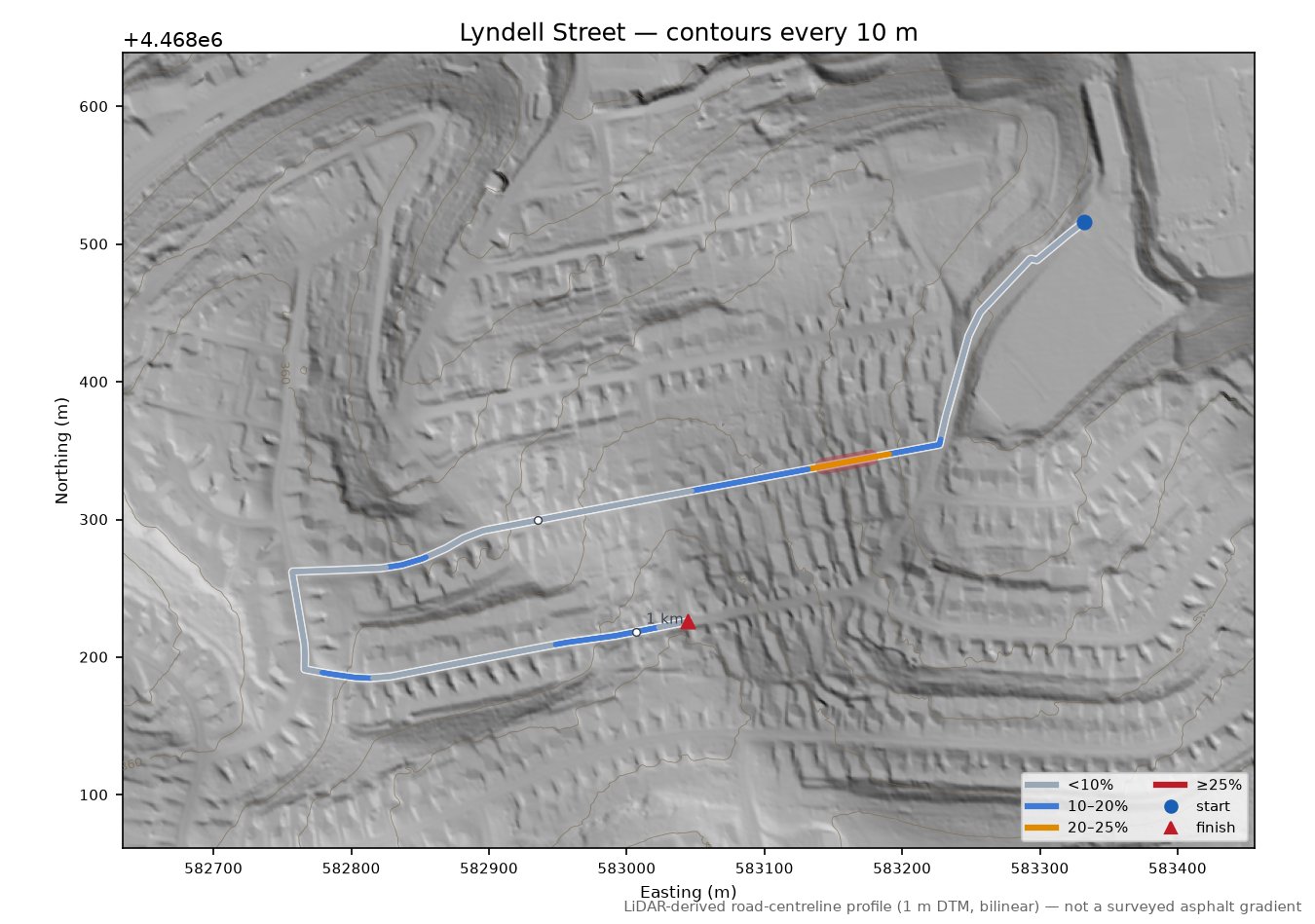 Lyndell Street LiDAR hillshade map with contours