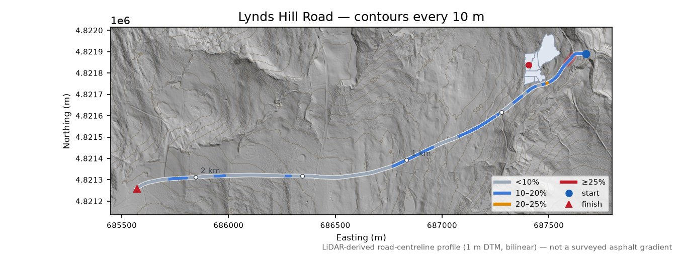 Lynds Hill Road LiDAR hillshade map with contours