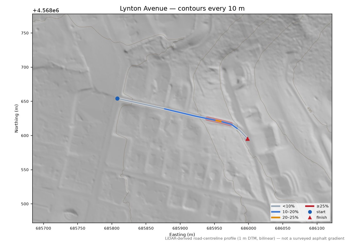 Lynton Avenue LiDAR hillshade map with contours