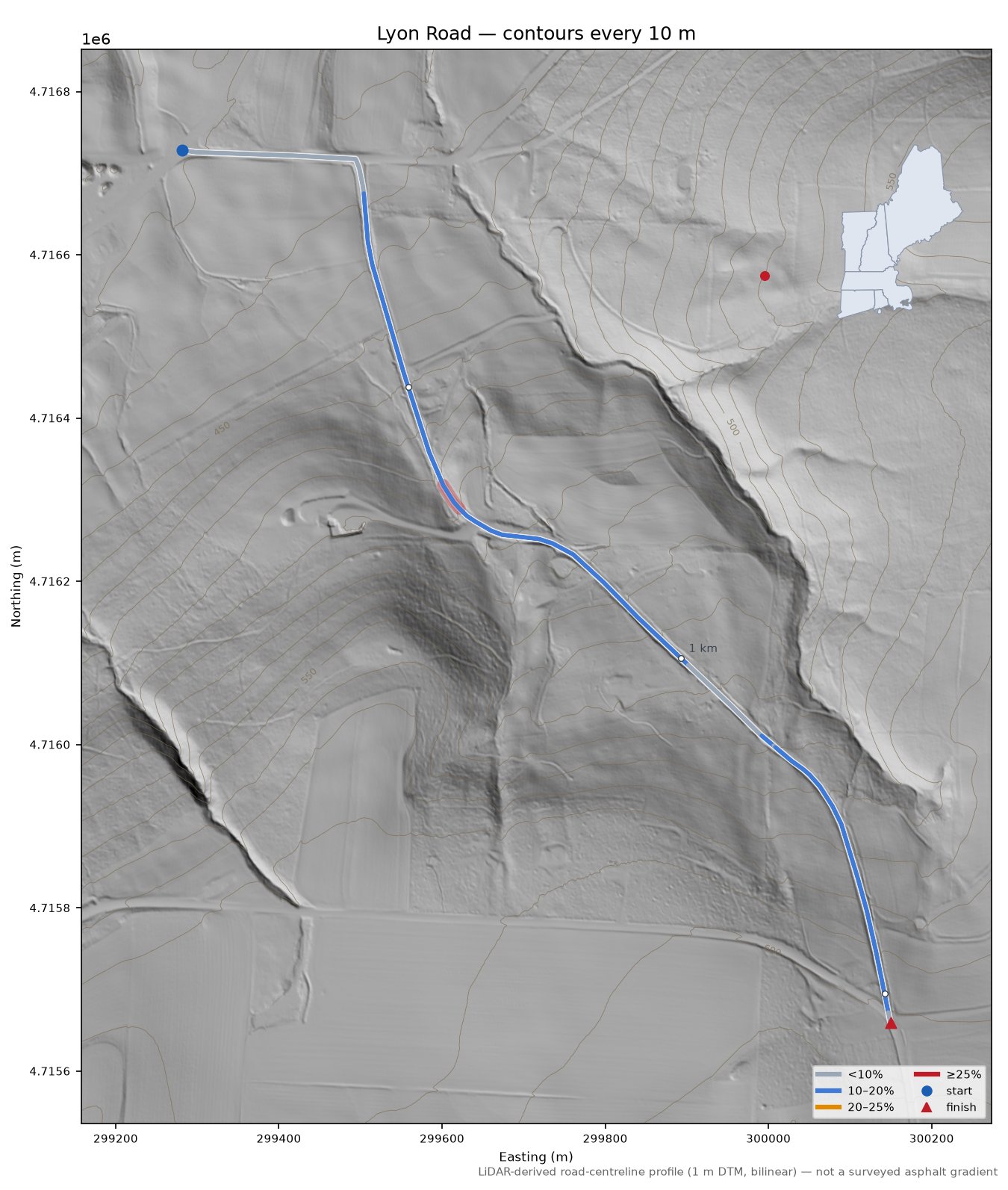 Lyon Road LiDAR hillshade map with contours
