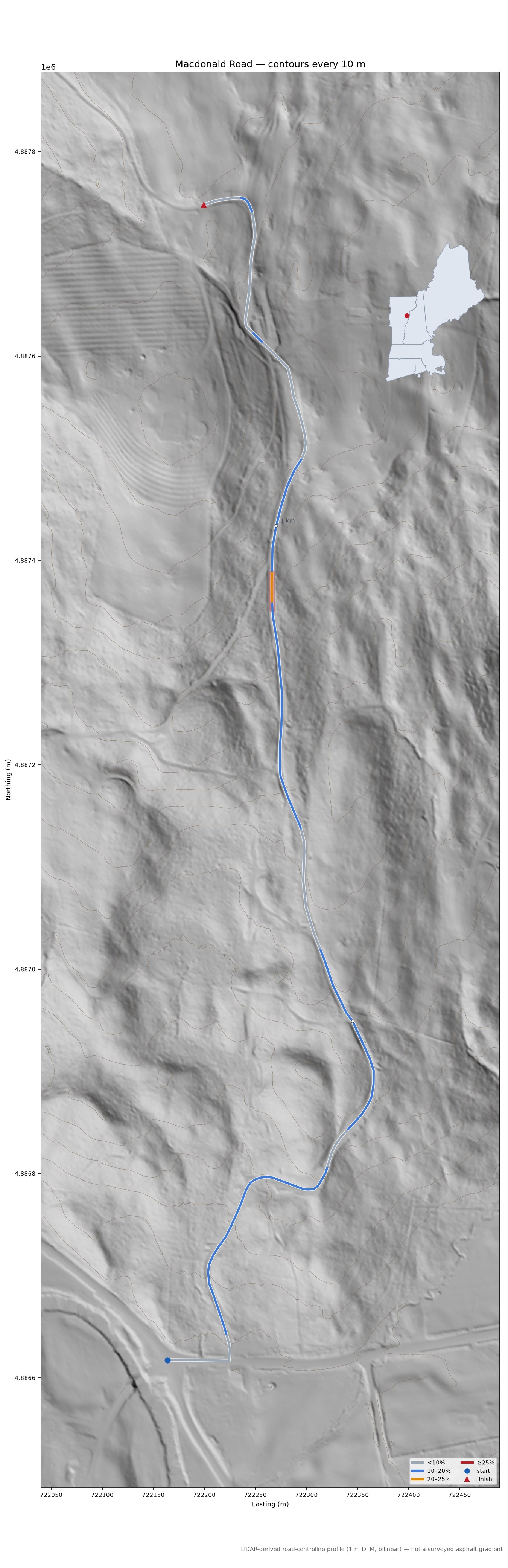 Macdonald Road LiDAR hillshade map with contours