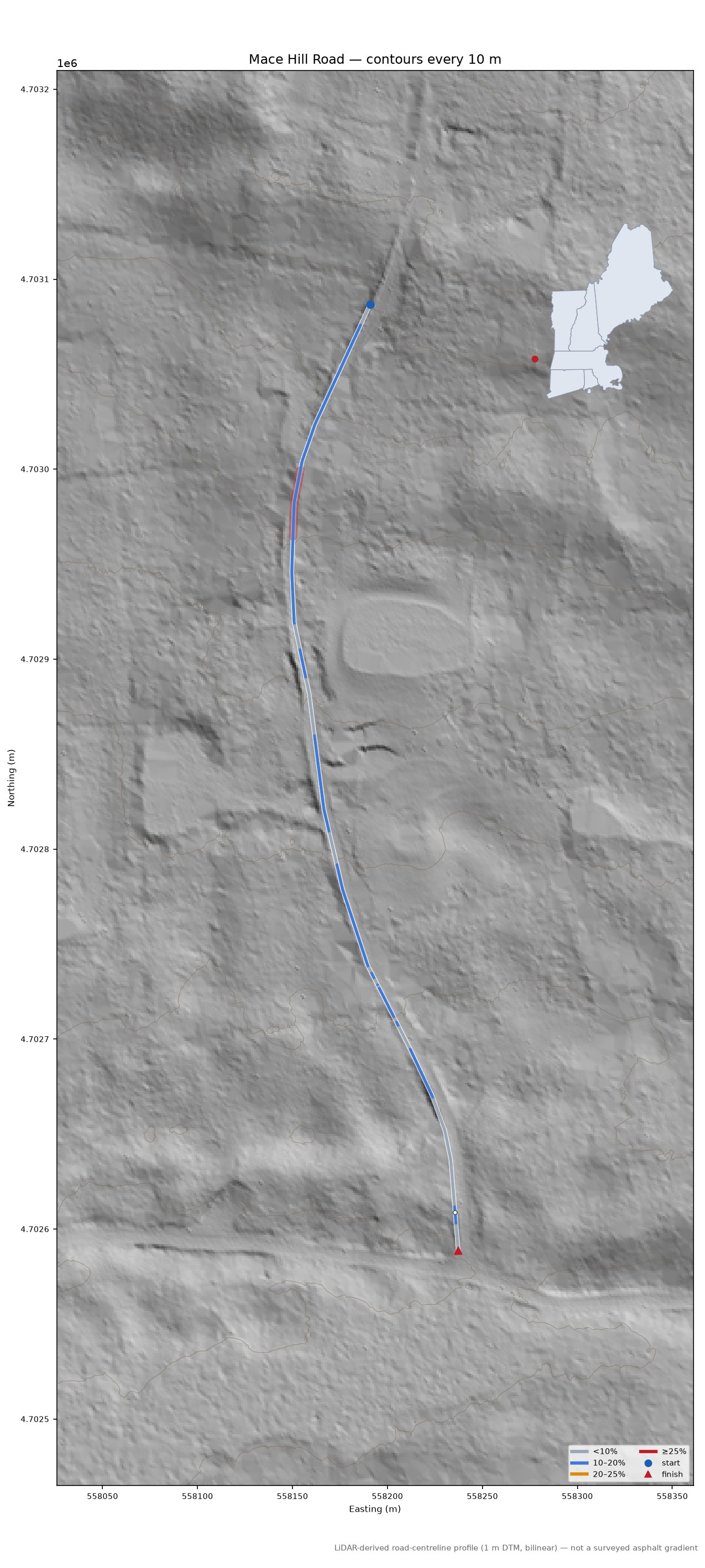 Mace Hill Road LiDAR hillshade map with contours