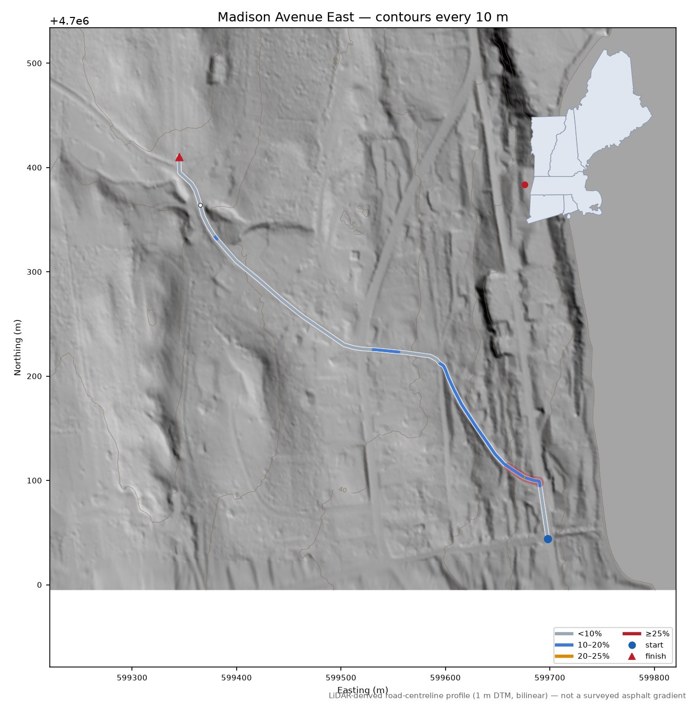Madison Avenue East LiDAR hillshade map with contours