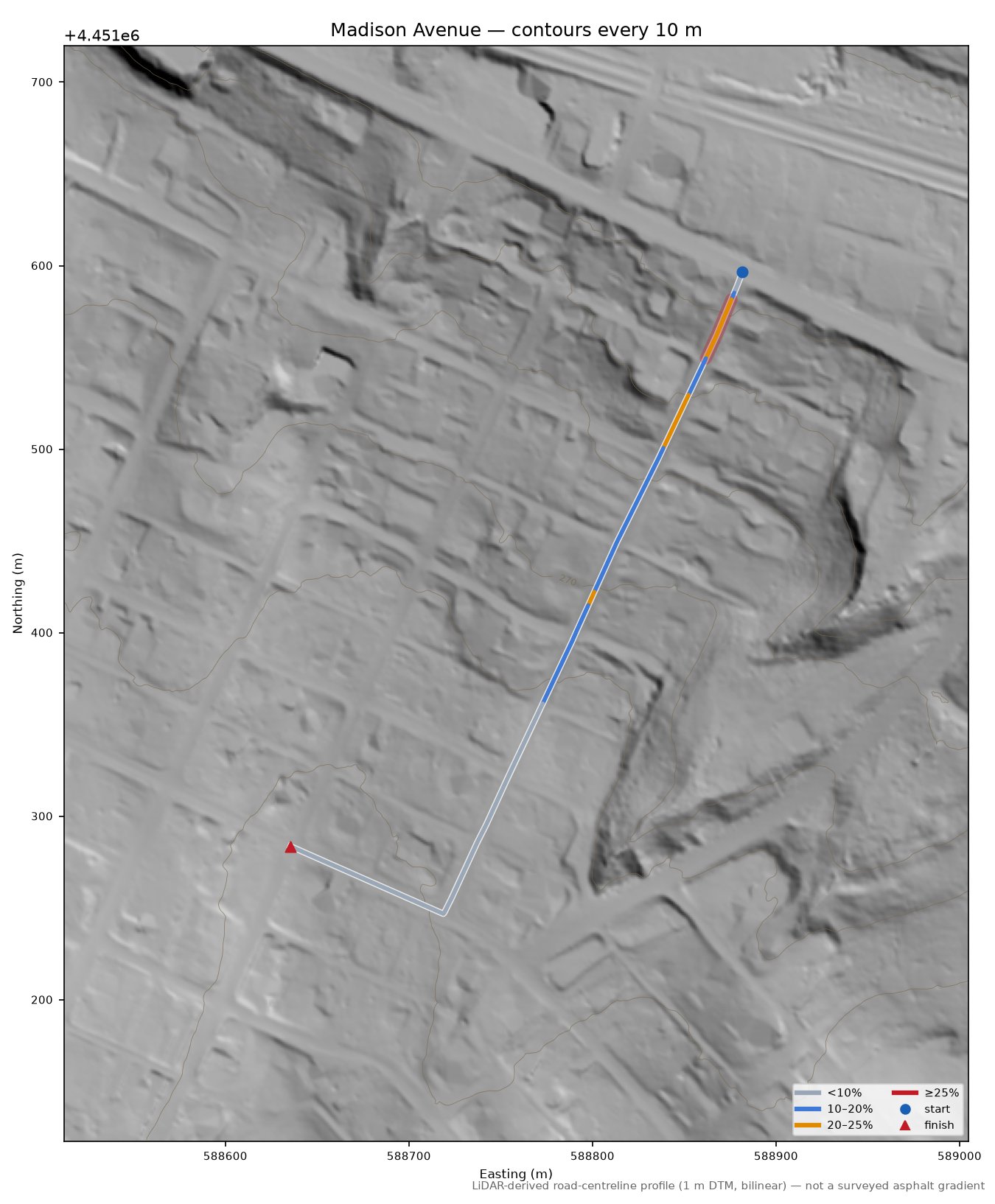 Madison Avenue LiDAR hillshade map with contours