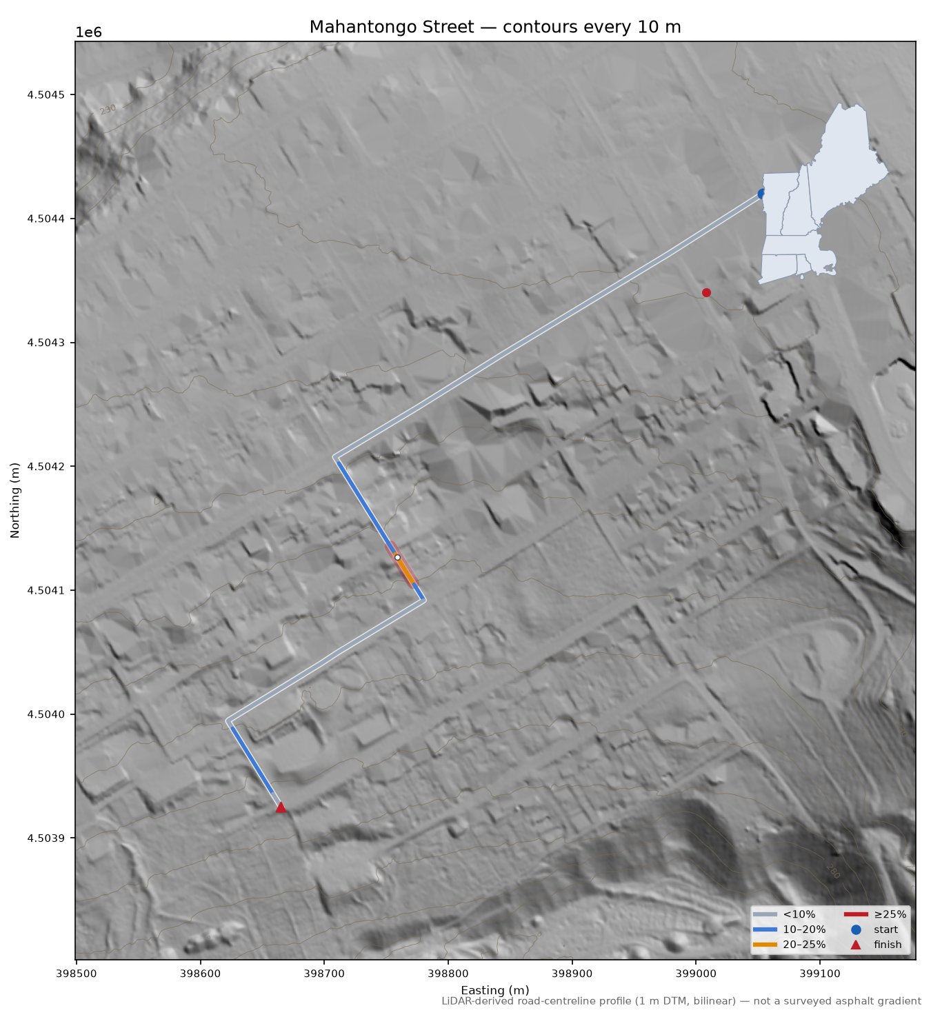 Mahantongo Street LiDAR hillshade map with contours