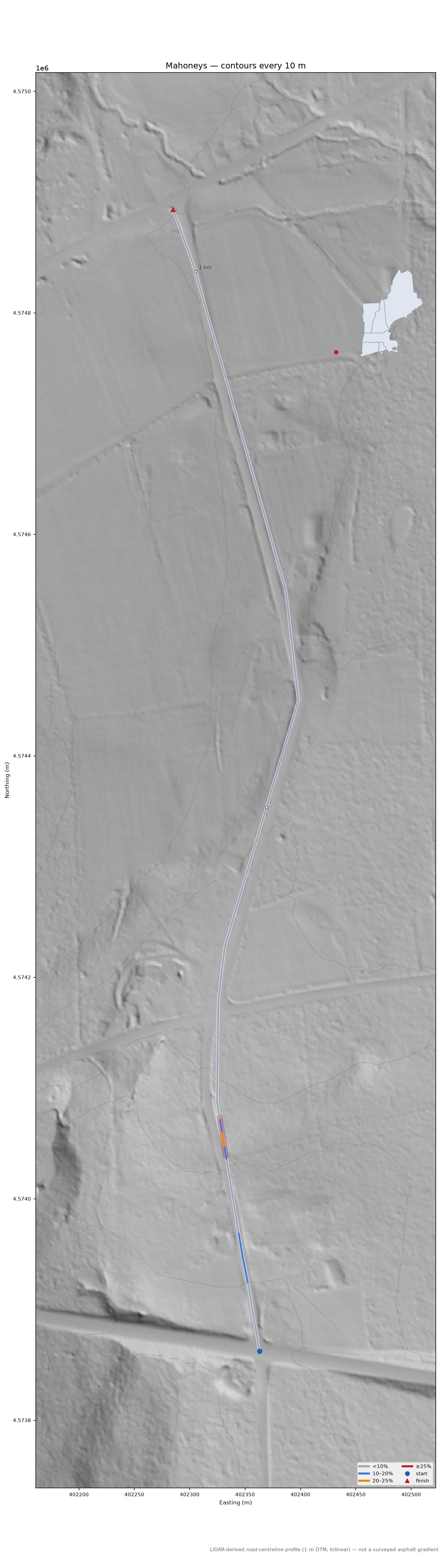 Mahoneys LiDAR hillshade map with contours