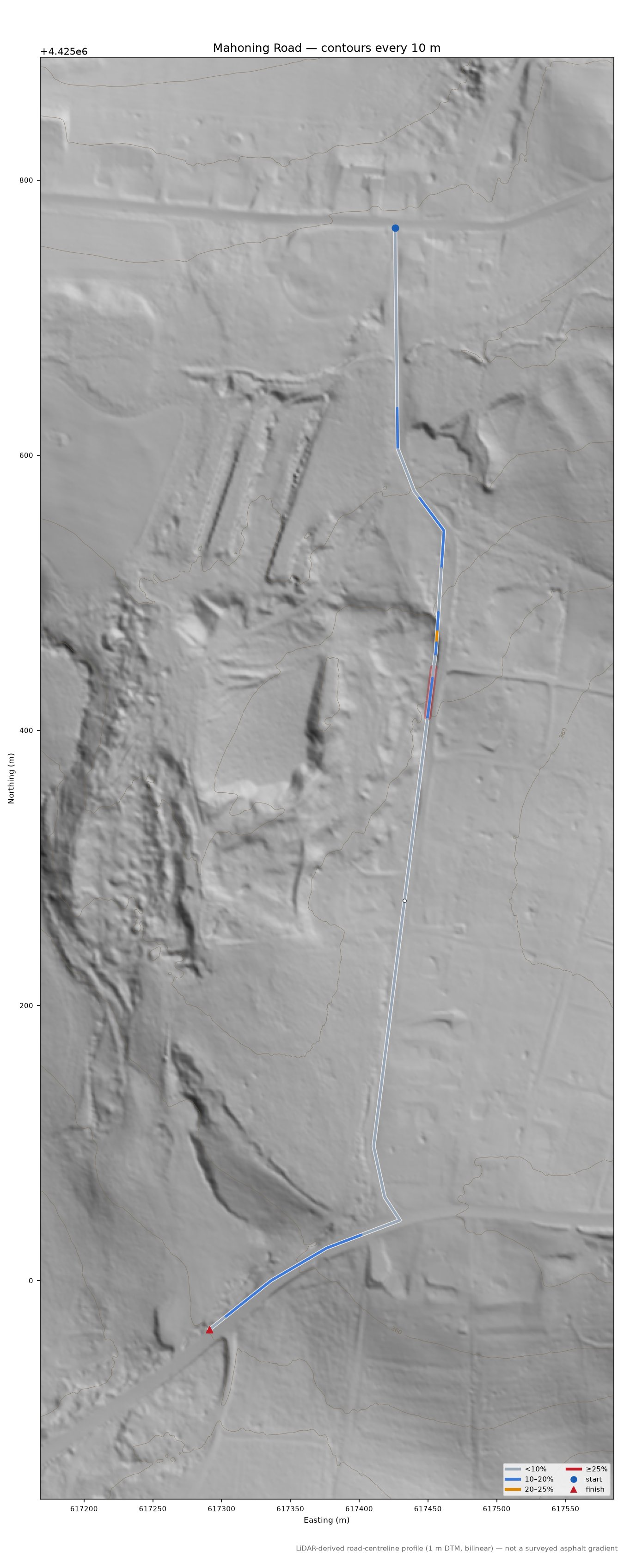 Mahoning Road LiDAR hillshade map with contours