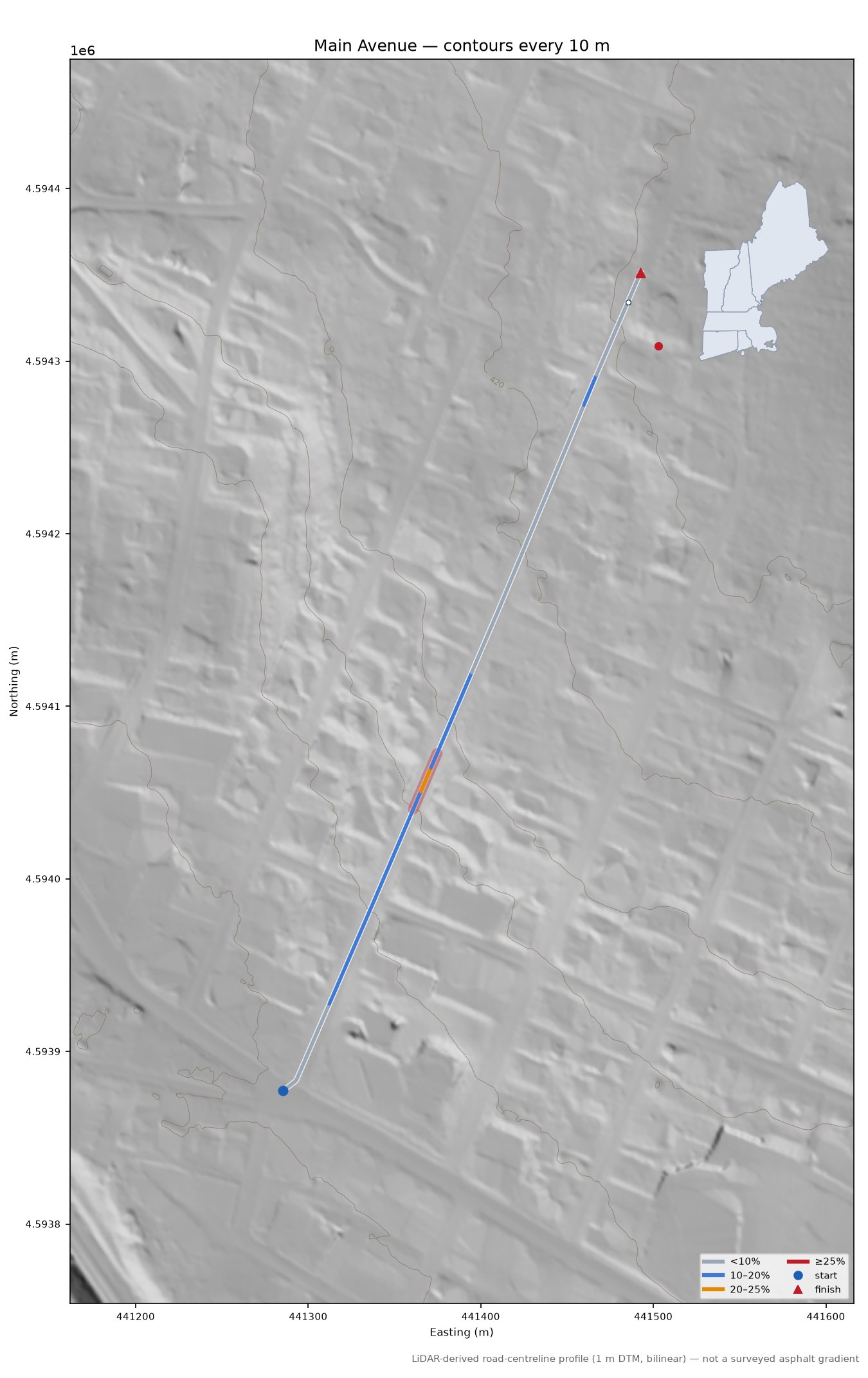 Main Avenue LiDAR hillshade map with contours