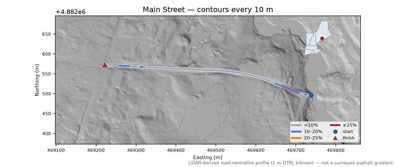 Main Street LiDAR hillshade map with contours