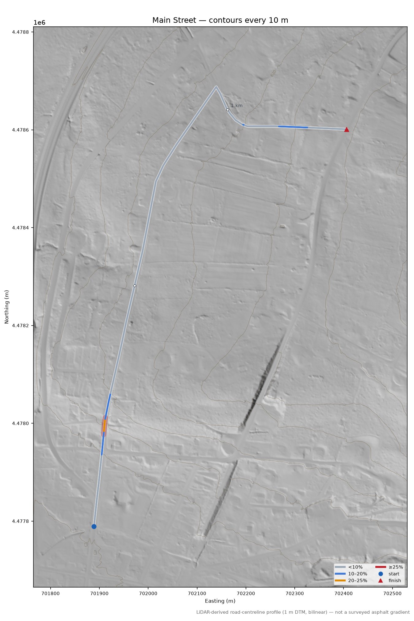 Main Street LiDAR hillshade map with contours