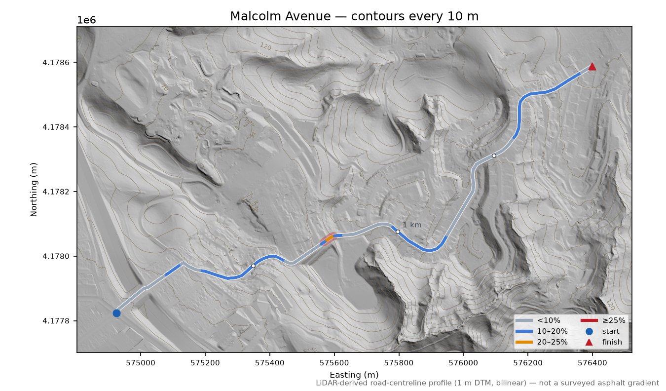 Malcolm Avenue LiDAR hillshade map with contours