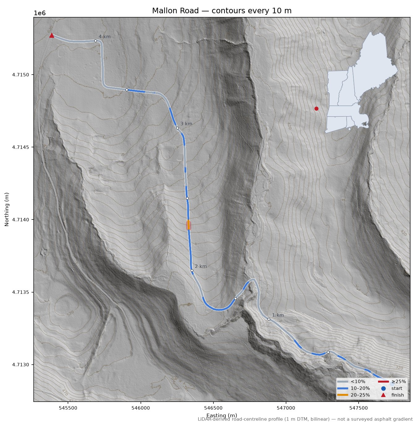 Mallon Road LiDAR hillshade map with contours