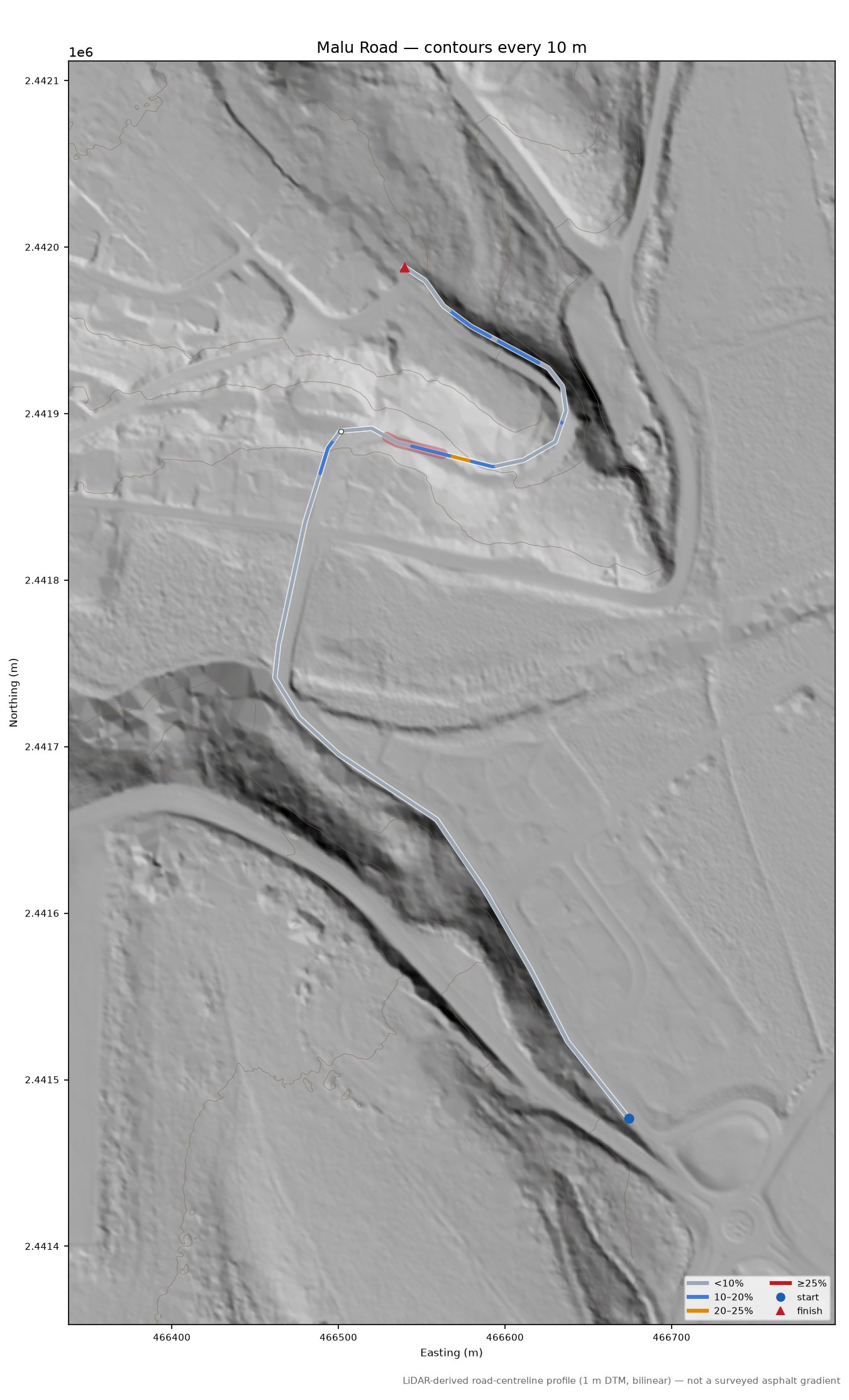 Malu Road LiDAR hillshade map with contours