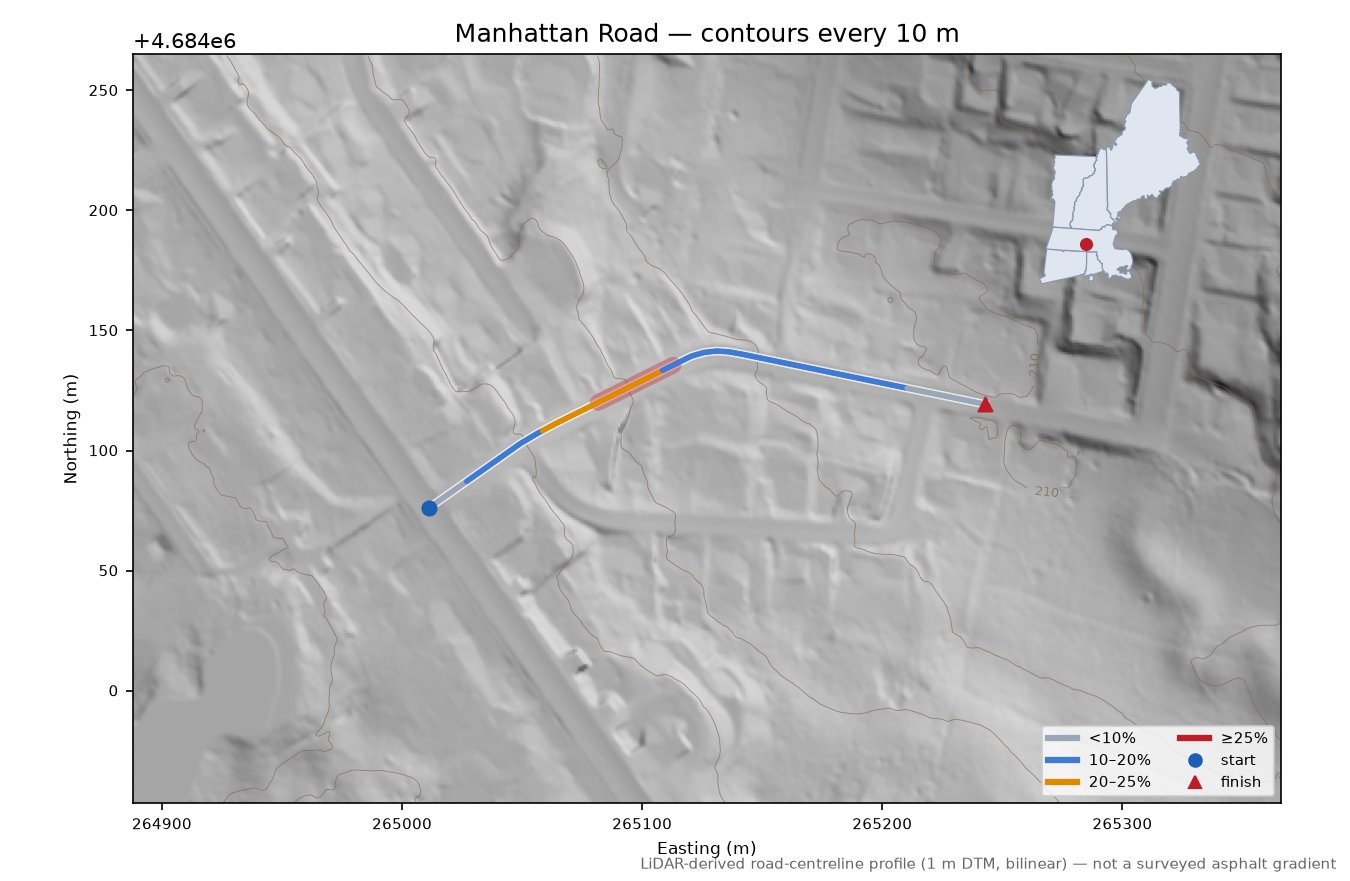 Manhattan Road LiDAR hillshade map with contours
