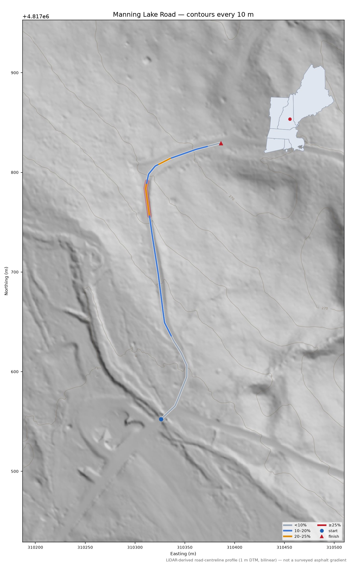 Manning Lake Road LiDAR hillshade map with contours