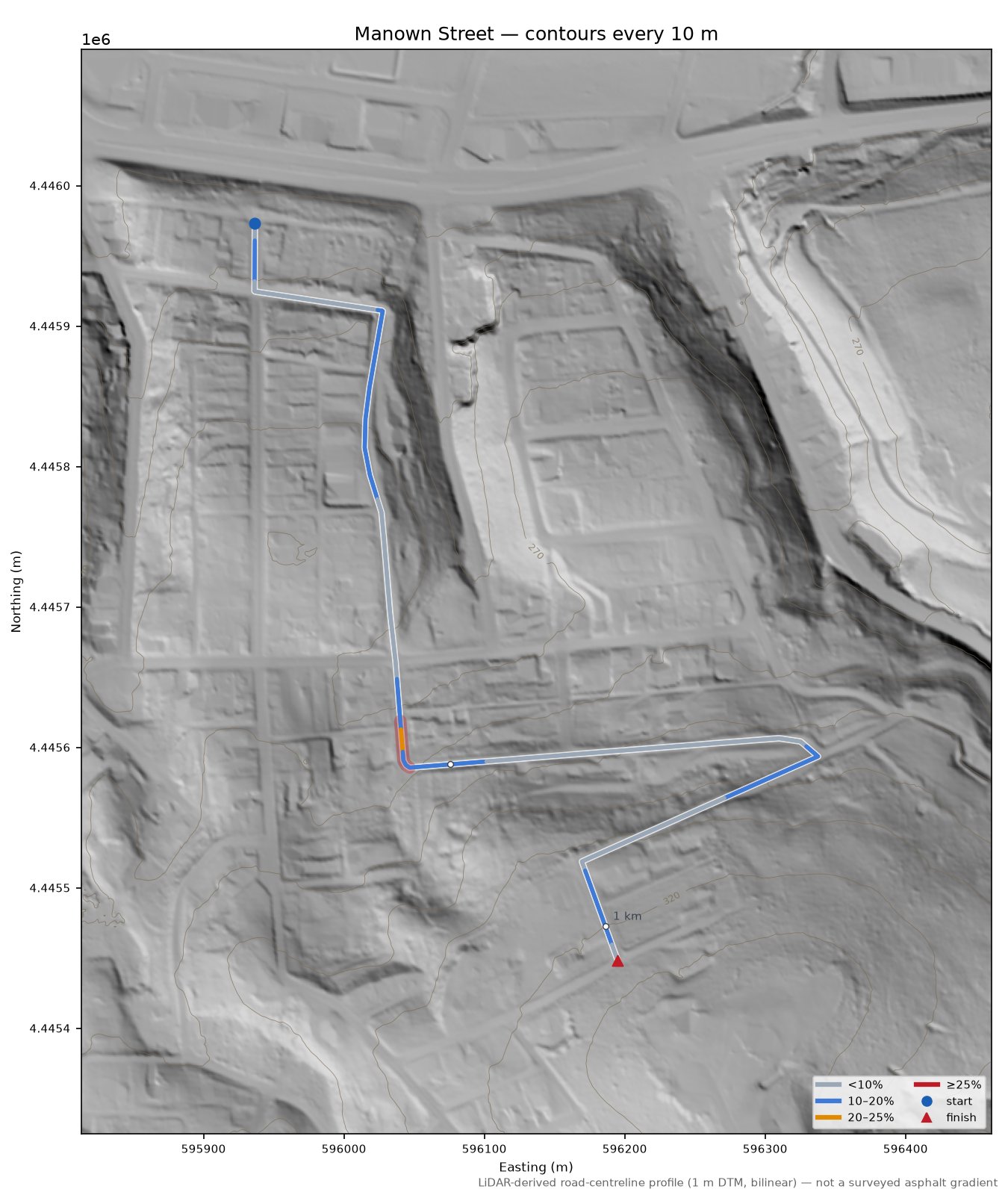 Manown Street LiDAR hillshade map with contours