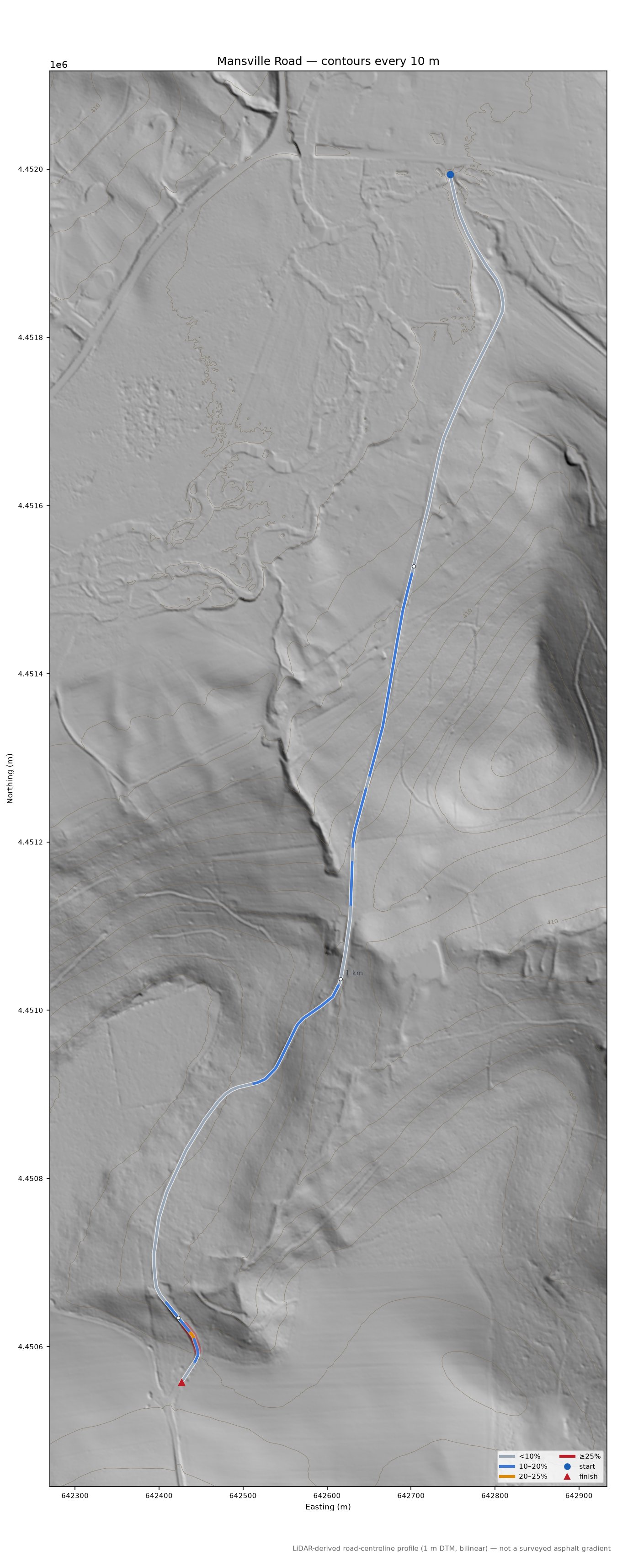 Mansville Road LiDAR hillshade map with contours