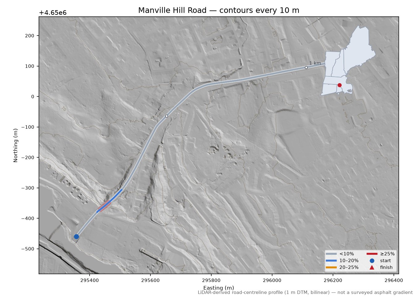 Manville Hill Road LiDAR hillshade map with contours