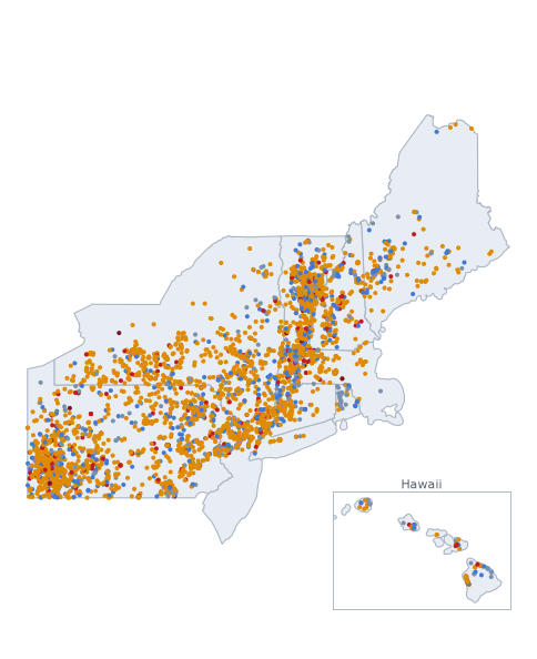 Map of the Northeastern US and Hawaii measured set