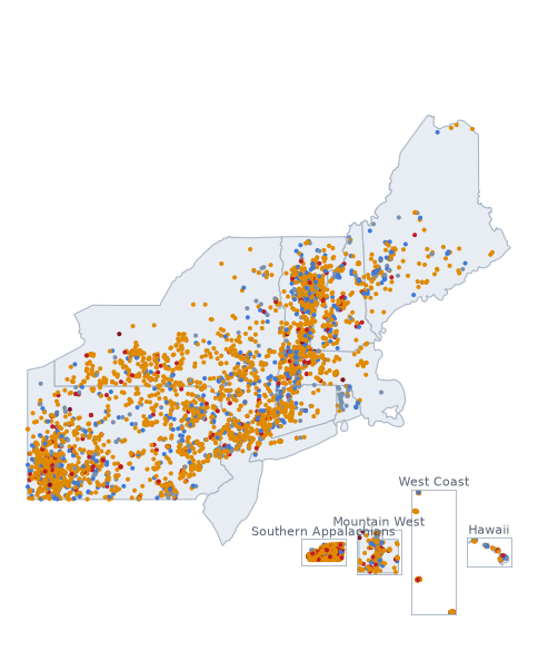 Map of the Northeastern US and Hawaii and West Coast and Mountain West and Southern Appalachians measured set