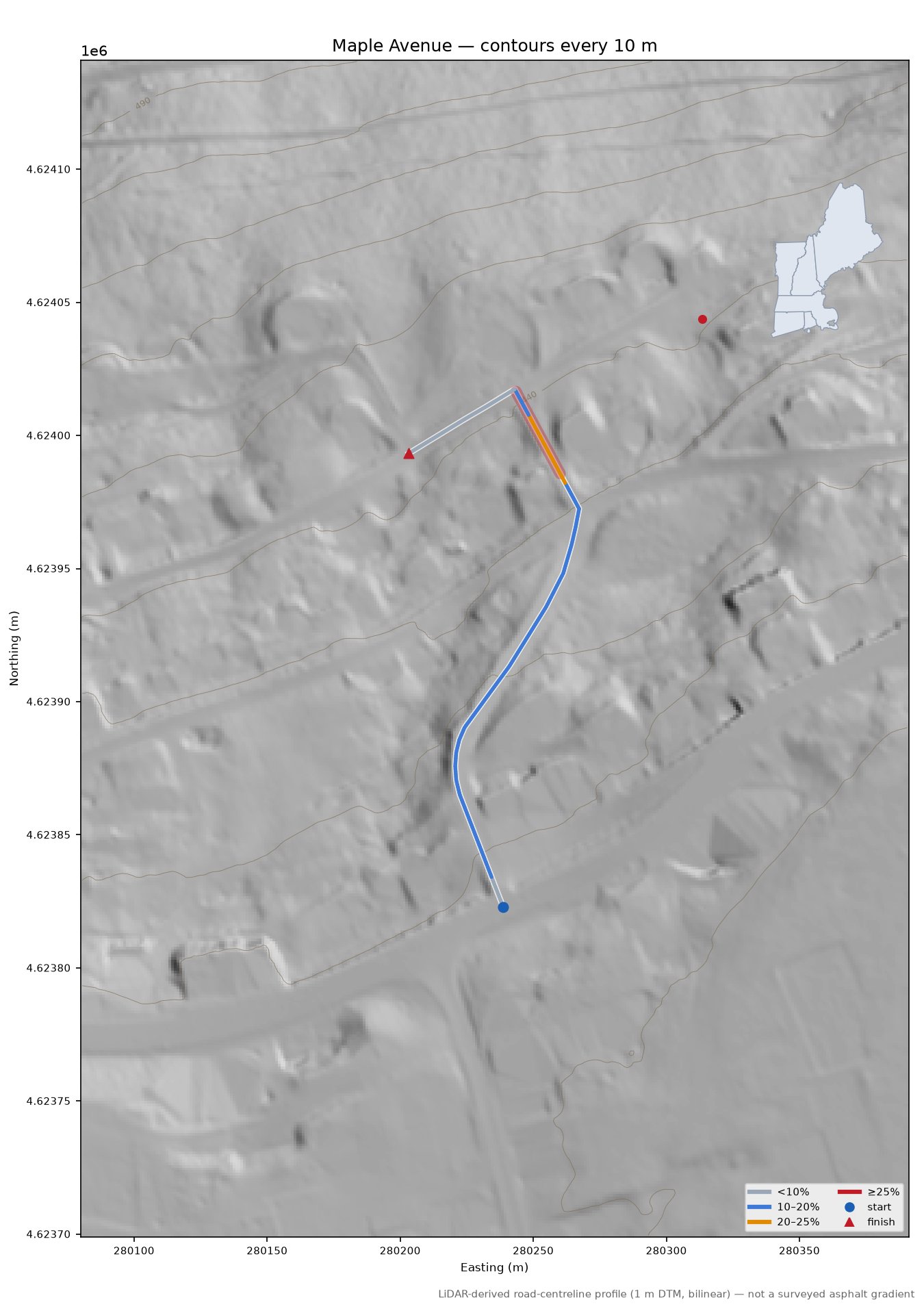 Maple Avenue LiDAR hillshade map with contours