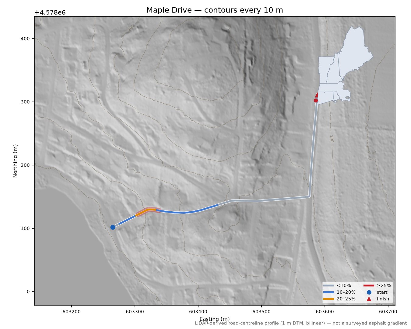 Maple Drive LiDAR hillshade map with contours