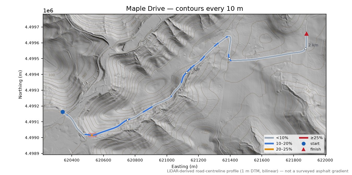 Maple Drive LiDAR hillshade map with contours