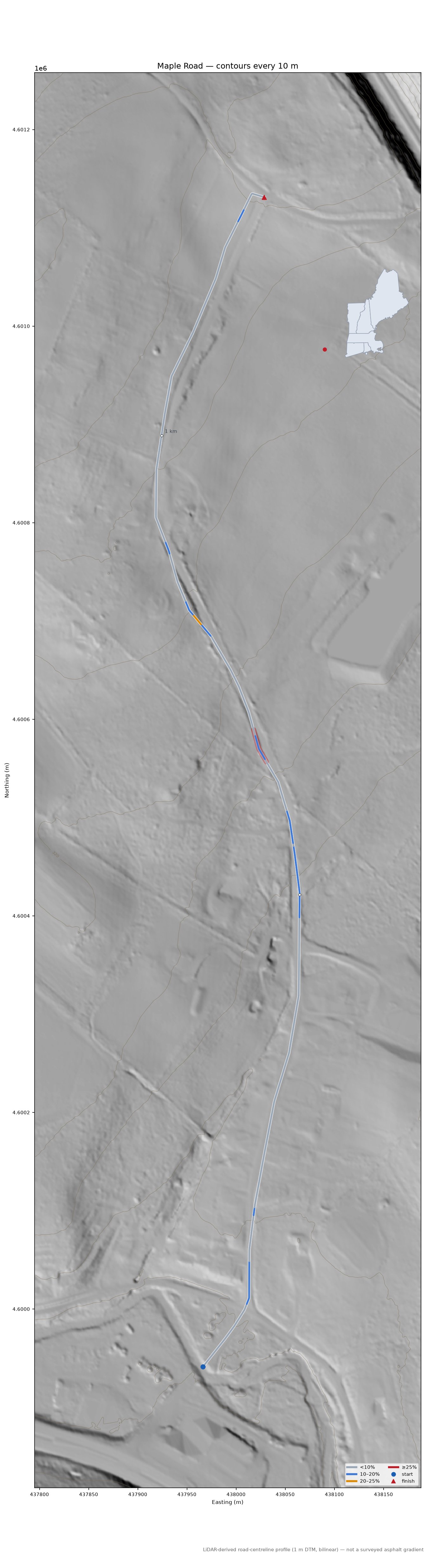 Maple Road LiDAR hillshade map with contours