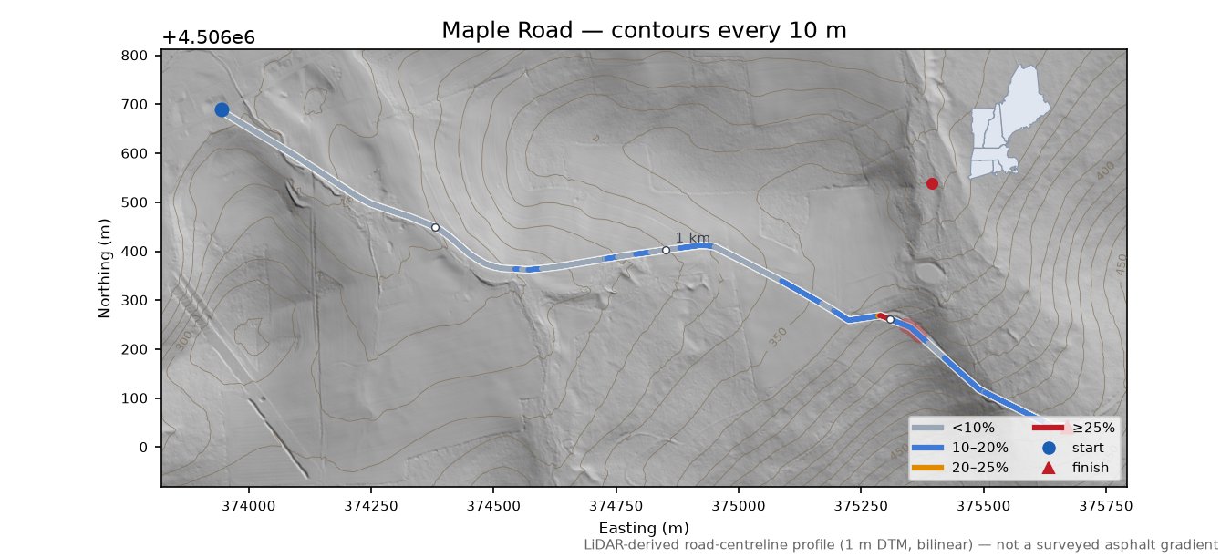 Maple Road LiDAR hillshade map with contours