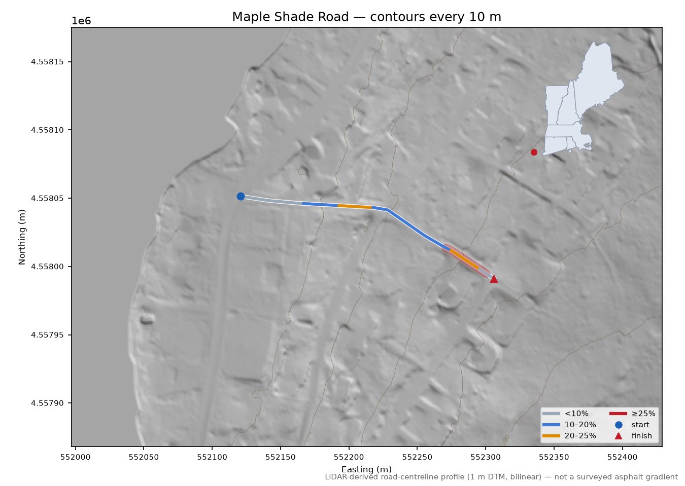 Maple Shade Road LiDAR hillshade map with contours