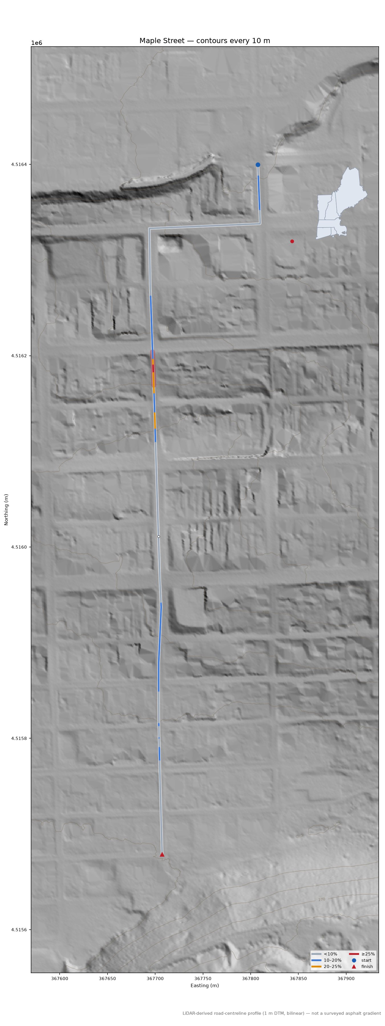 Maple Street LiDAR hillshade map with contours