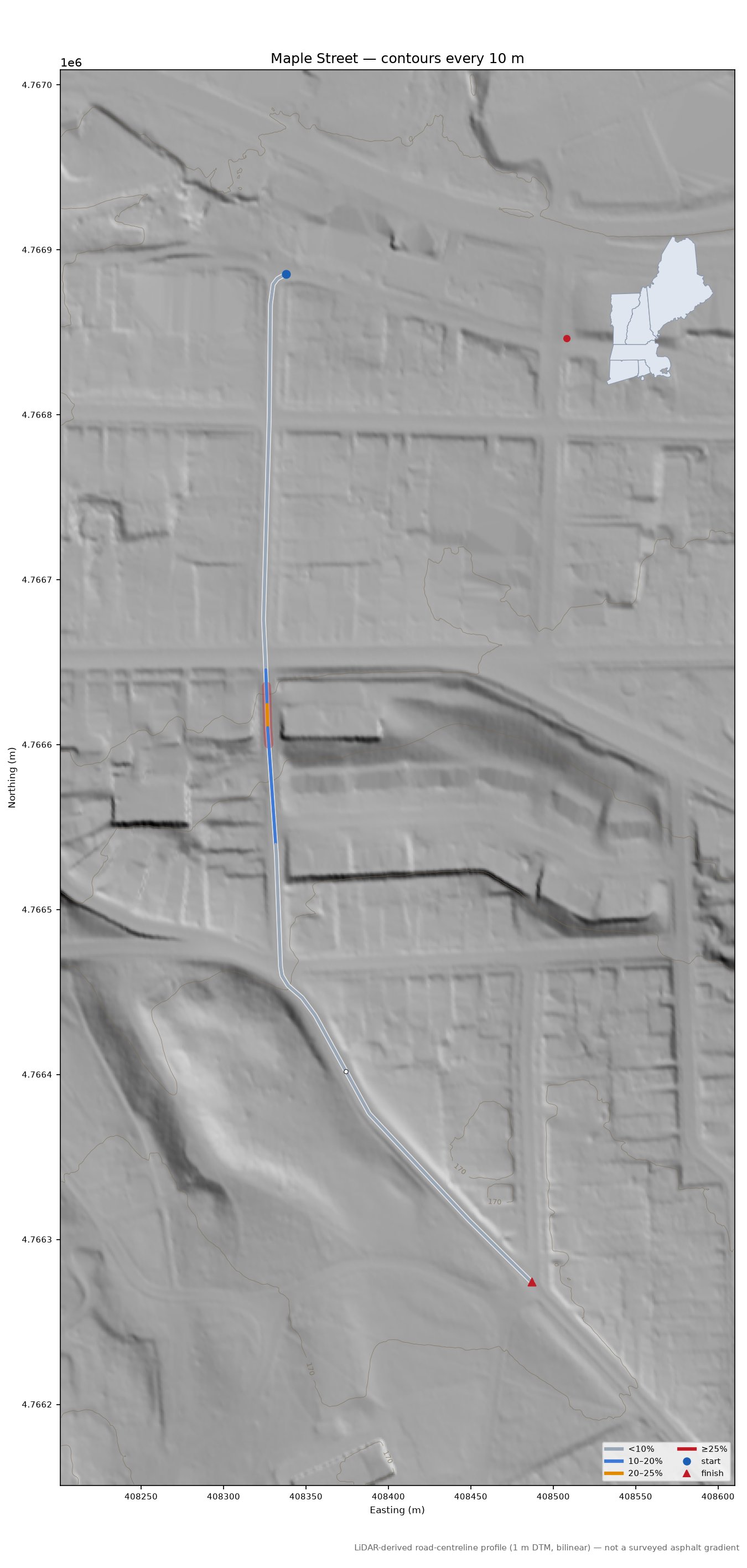 Maple Street LiDAR hillshade map with contours