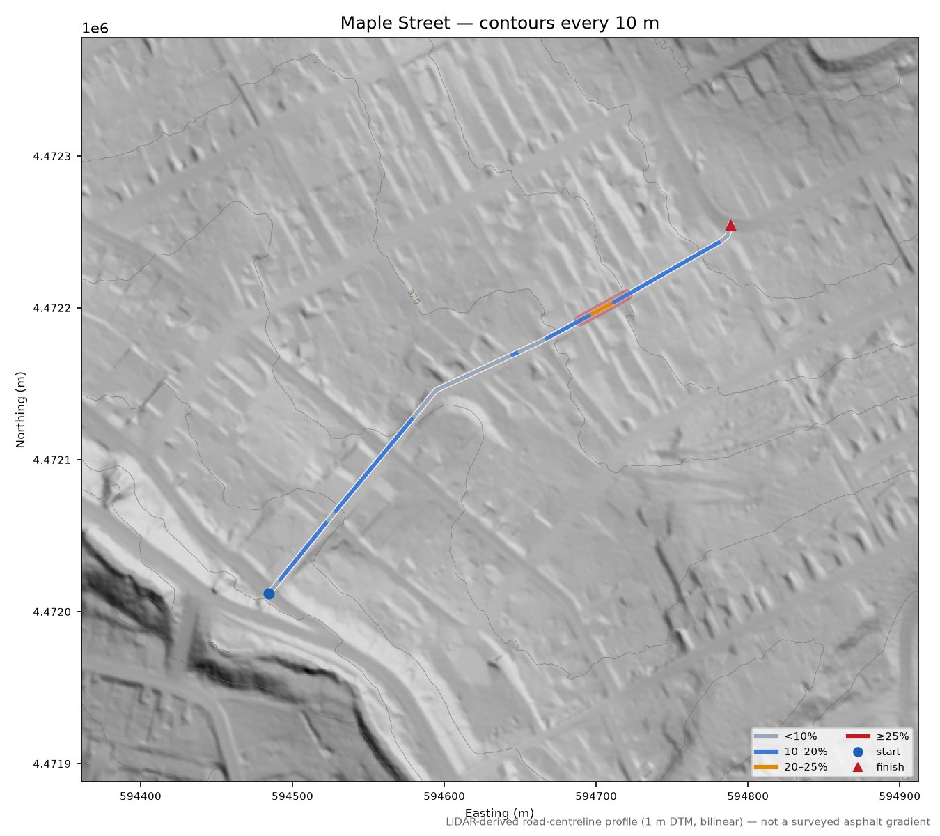 Maple Street LiDAR hillshade map with contours