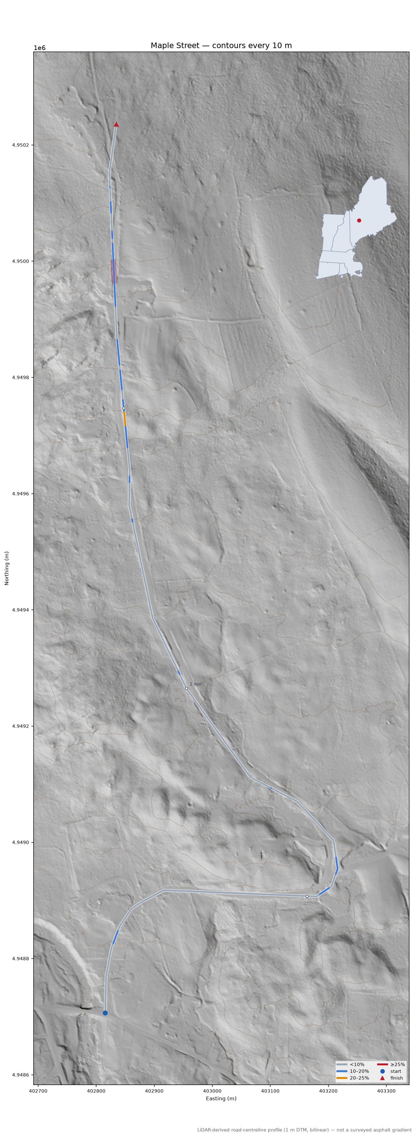 Maple Street LiDAR hillshade map with contours