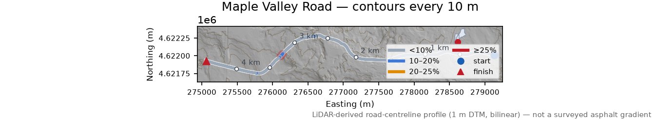 Maple Valley Road LiDAR hillshade map with contours