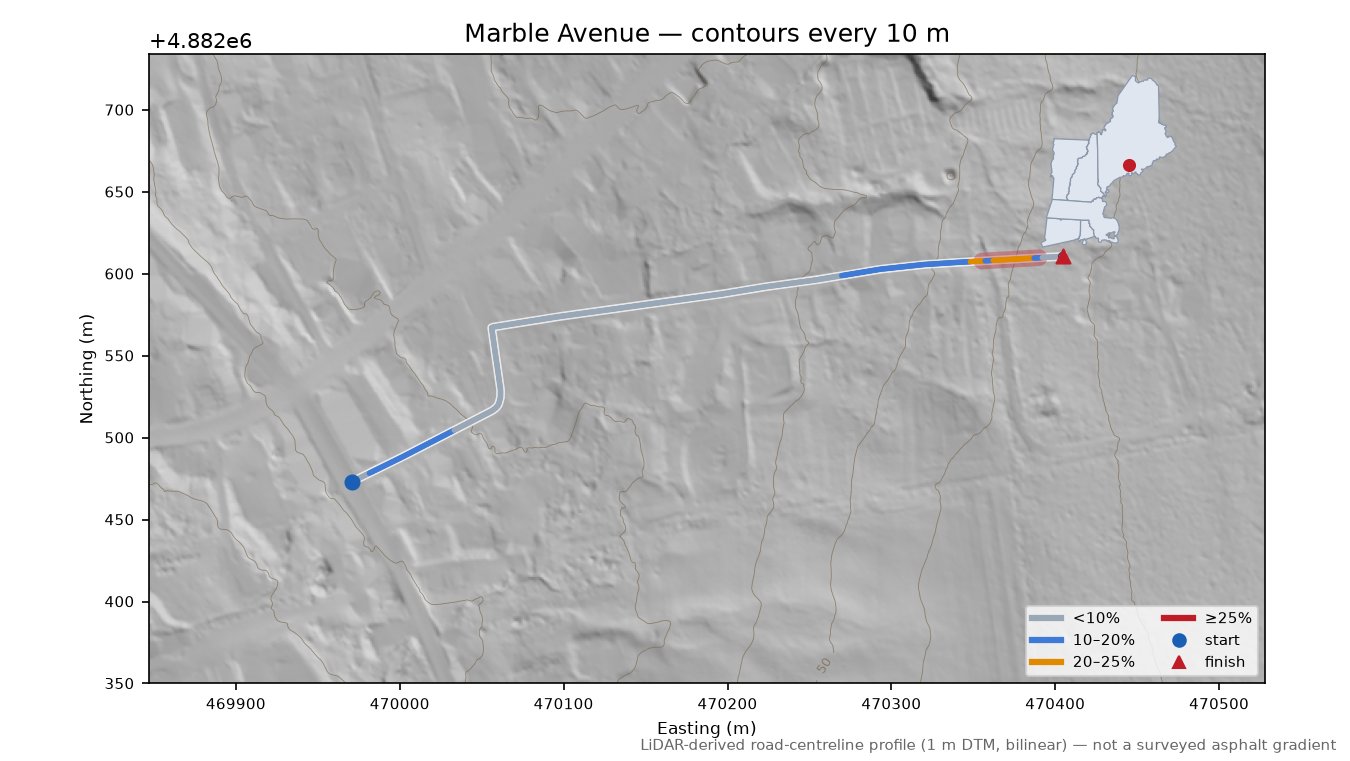 Marble Avenue LiDAR hillshade map with contours