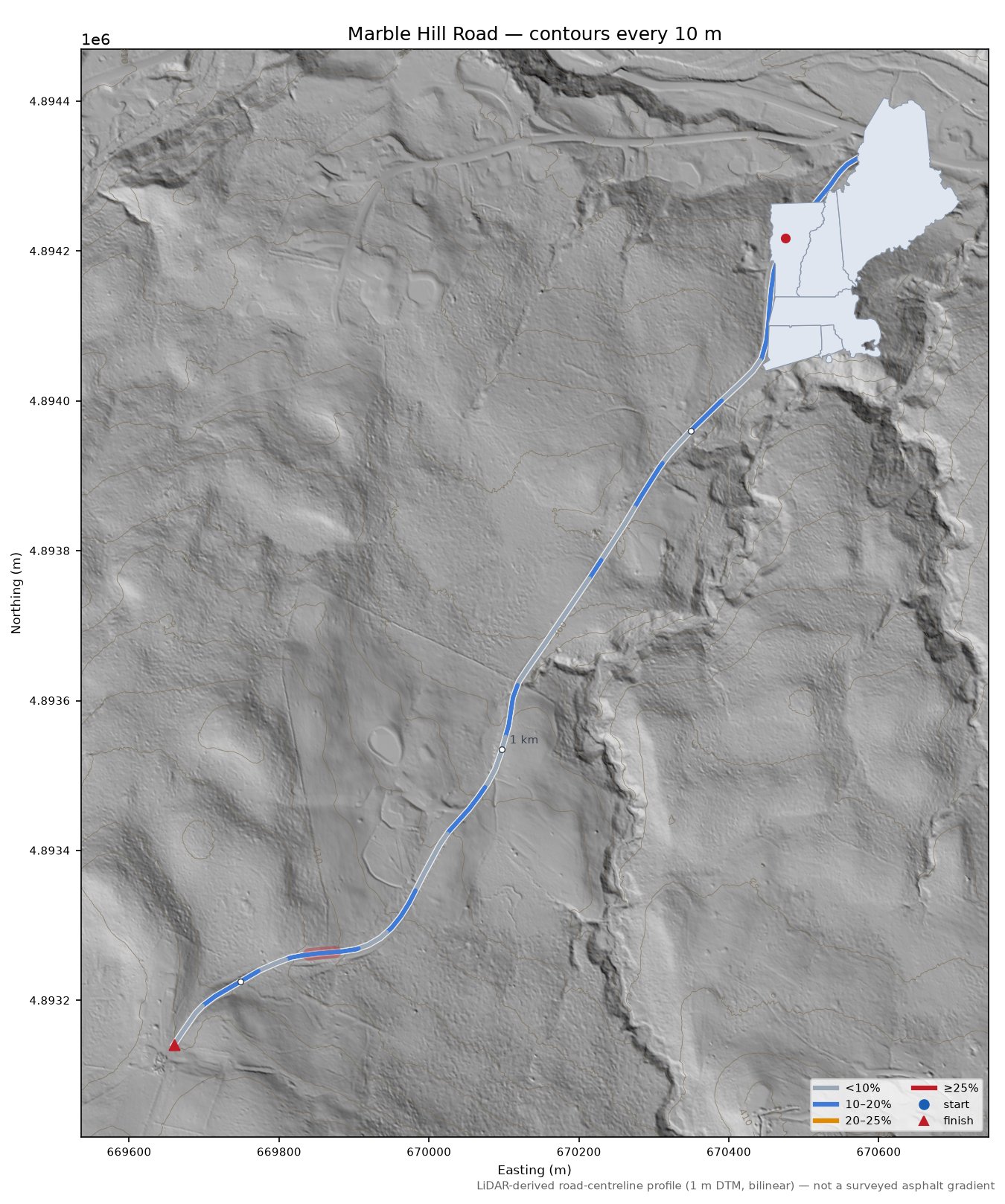 Marble Hill Road LiDAR hillshade map with contours