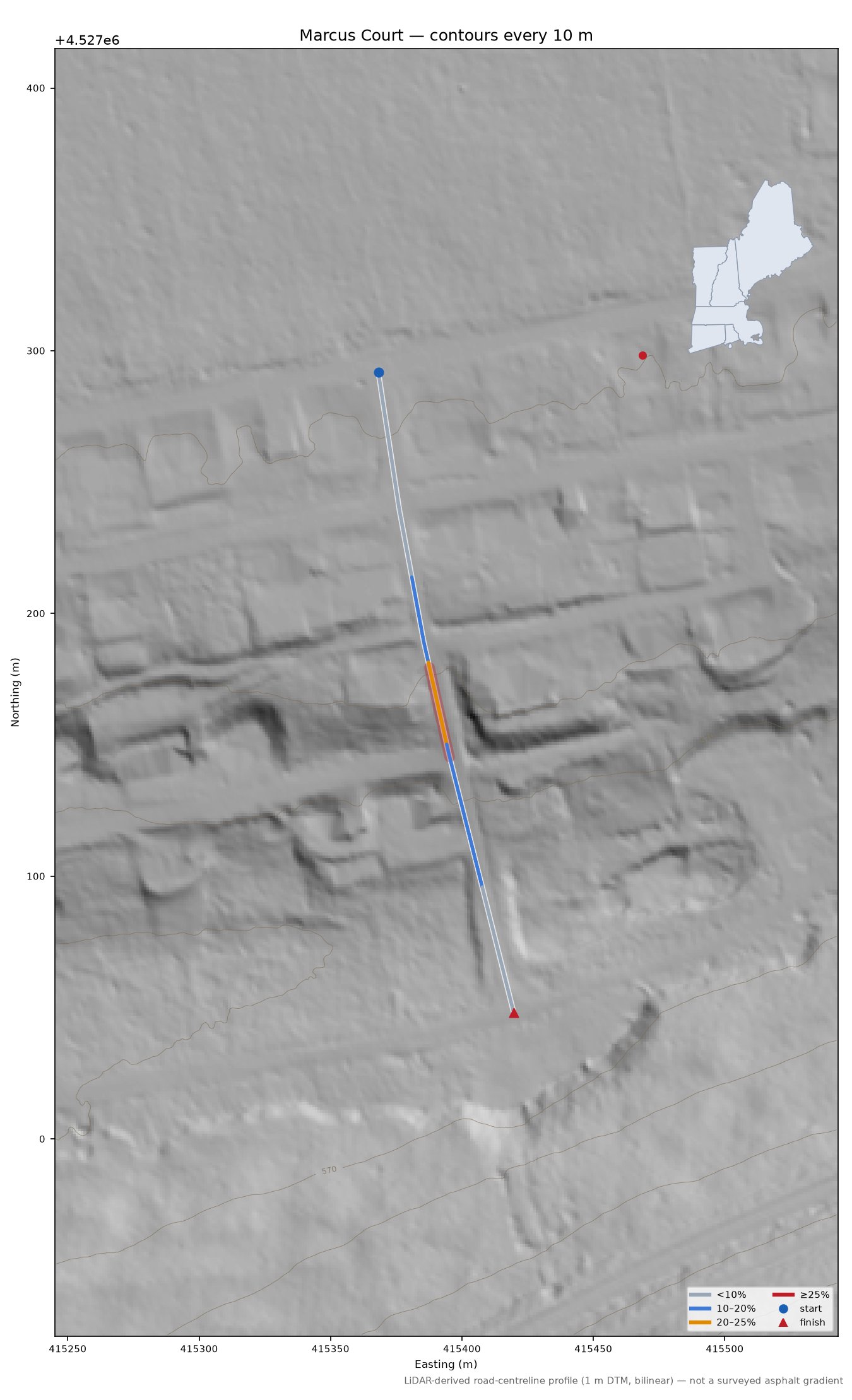 Marcus Court LiDAR hillshade map with contours