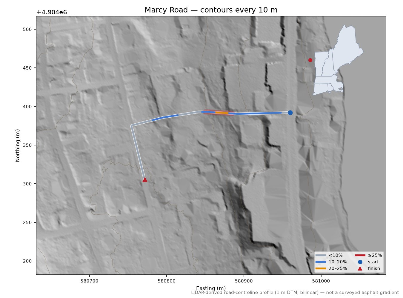 Marcy Road LiDAR hillshade map with contours