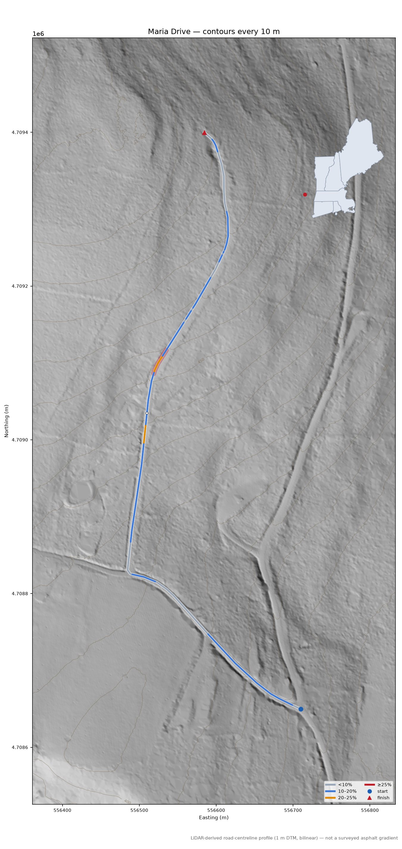 Maria Drive LiDAR hillshade map with contours