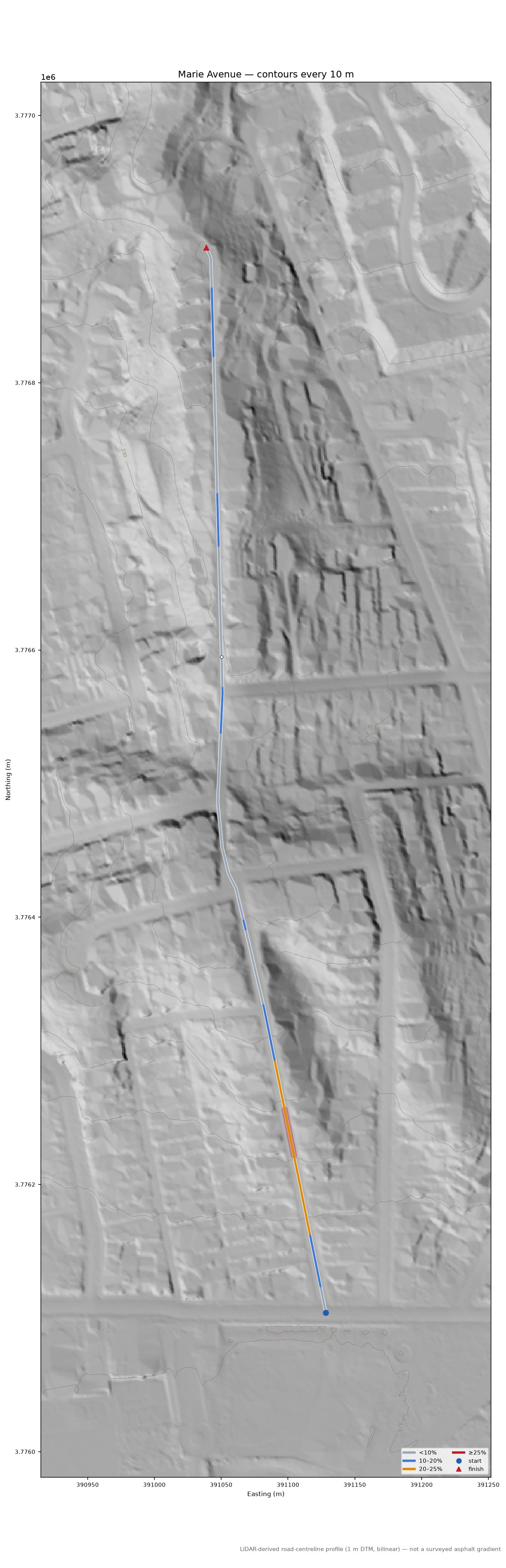Marie Avenue LiDAR hillshade map with contours