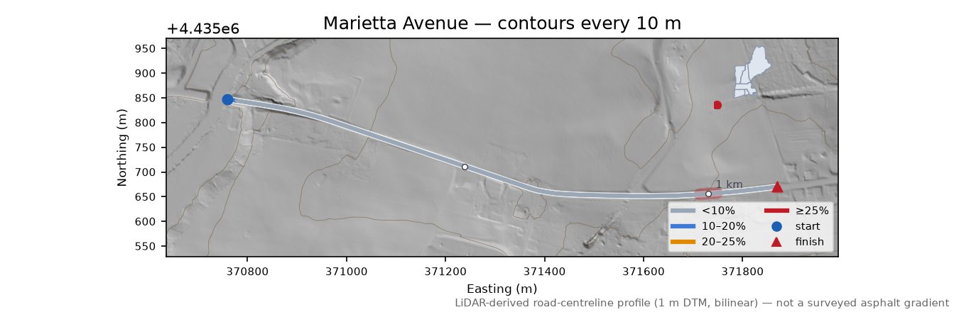 Marietta Avenue LiDAR hillshade map with contours