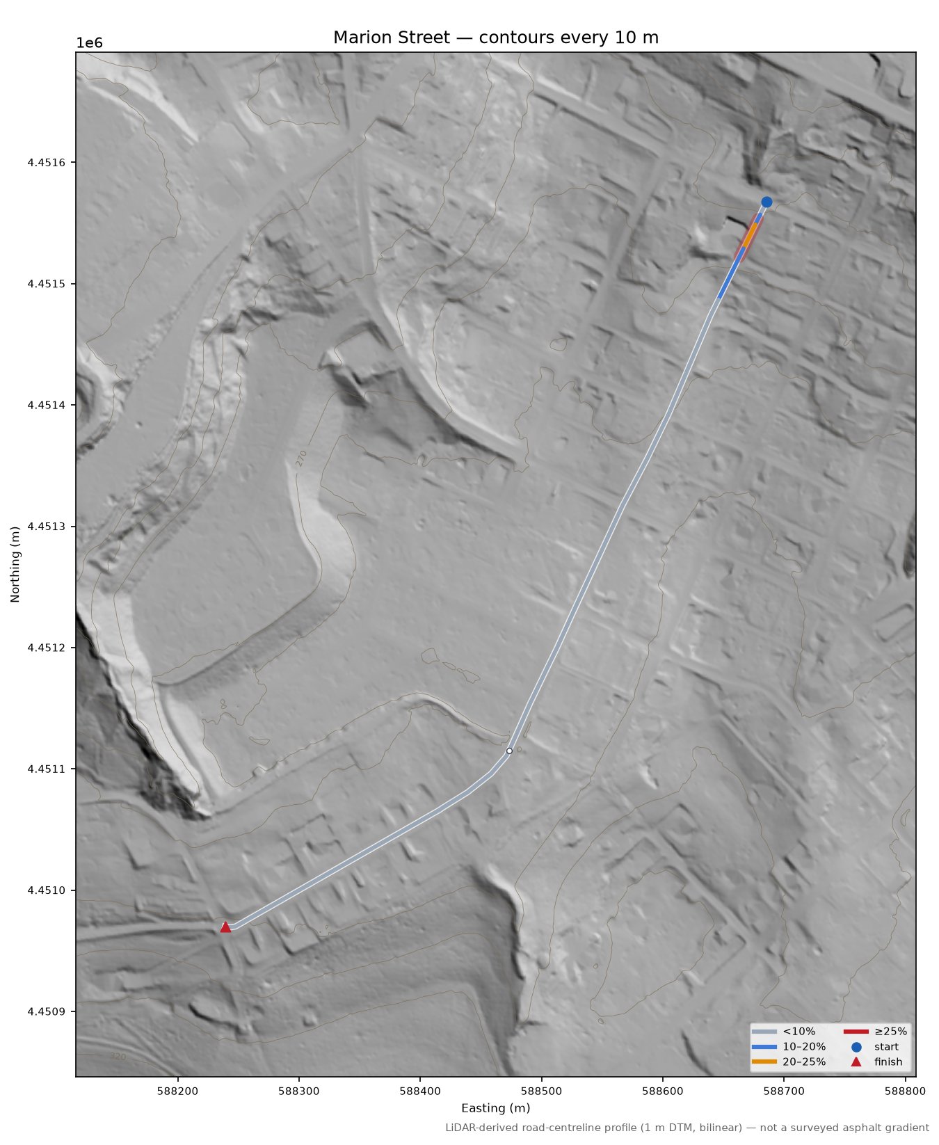 Marion Street LiDAR hillshade map with contours