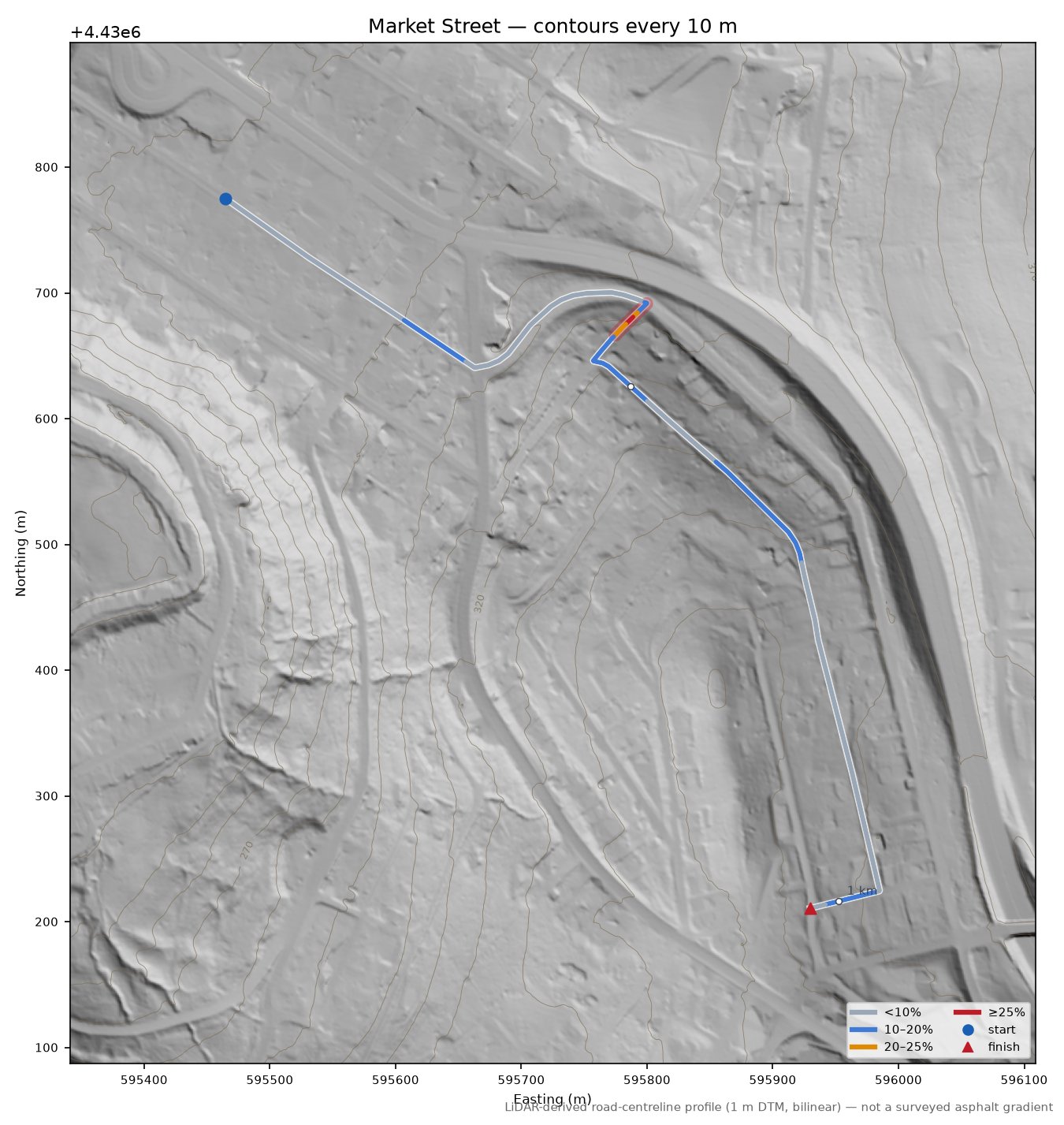 Market Street LiDAR hillshade map with contours